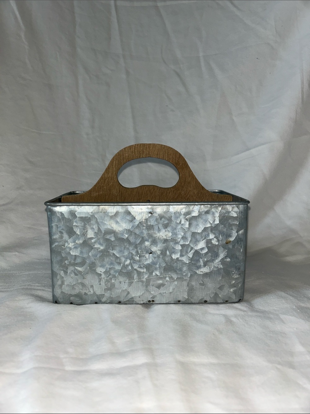 Galvanized Metal Tote with Wooden Handle - Silver
